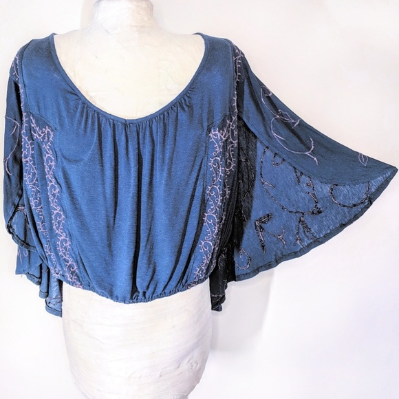 Free People blue embroidered boho top - Picture 2 of 7